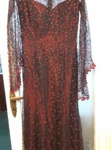 Red and black prom dress with taffeta and lace