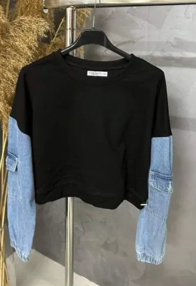 Women's blouse with denim sleeve