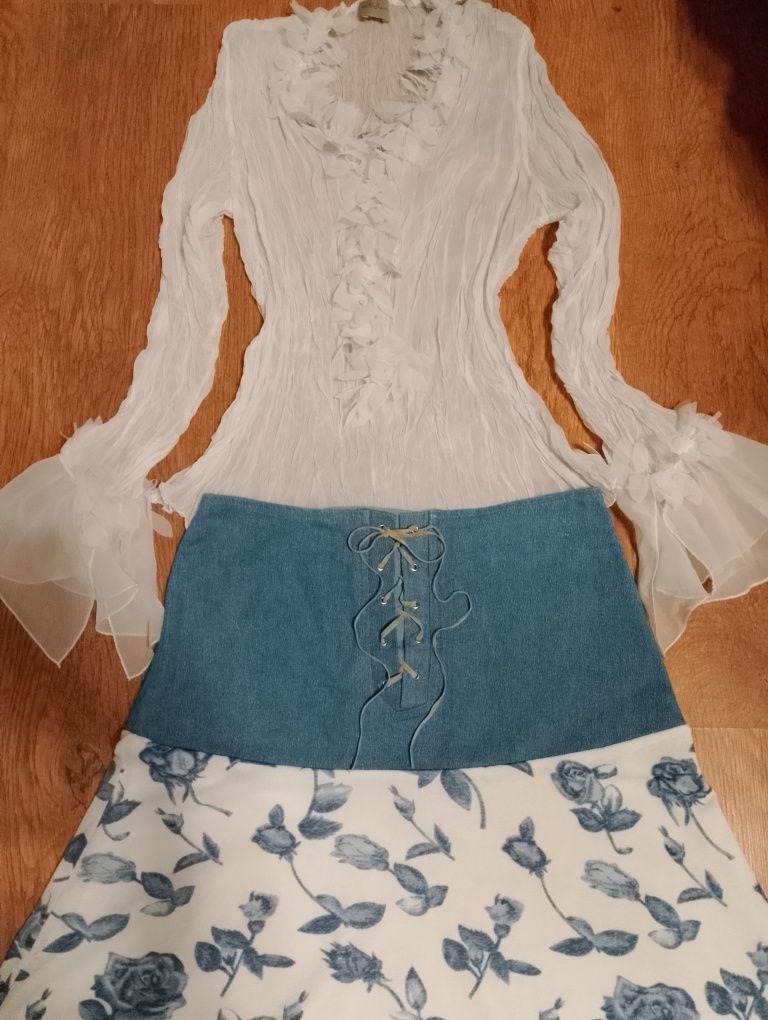 Set of blue rose denim skirt and accordion style blouse