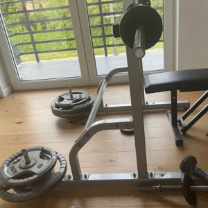 Set of bench, stand, dumbbells, 160 kg cast iron weight.