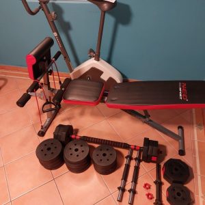 Home gym training bench barbell weights dumbbells atlas bike